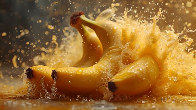 Fresh bananas splashing in water with dynamic motion. vibrant tropical fruit action shot. high-speed photography. AI