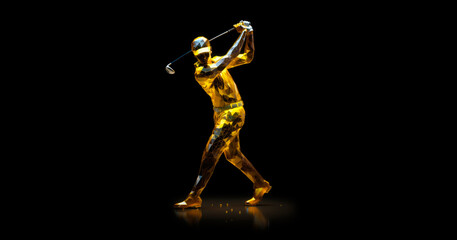 Fototapeta na wymiar Banner with Abstract polygonal wireframe golf player ob black bckground.Player consisting of points, lines, 
