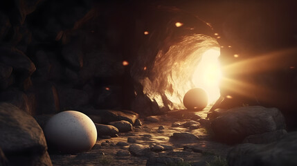 Easter Background - The Stone Is Rolling From Jesus' Tomb - obrazy, fototapety, plakaty