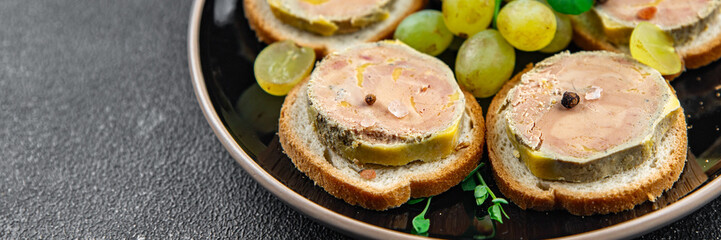 foie gras liver sandwich fresh goose or duck appetizer meal food snack on the table copy space food background rustic top view © Alesia Berlezova