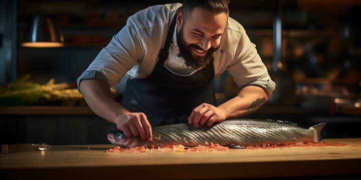 Passionate chef meticulously prepares fresh fish at a stylish restaurant's kitchen counter. capturing the art of culinary mastery. AI
