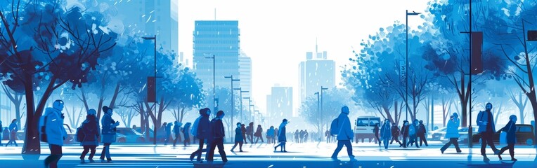 blue illustration city with blue trees and blue people Generative AI - obrazy, fototapety, plakaty