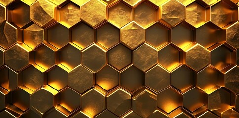 golden hexagons background 3d, in the style of luminism, dark yellow, shaped canvas, lightbox, exquisite lighting, utilizes, light-focused