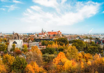 Gordijnen Wawel castle and panoramic view of the city Krakow Poland. Landscape on coast river Wisla © alexanderuhrin