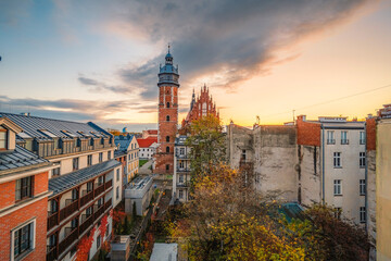 Corpus Christi Basilica famous landmark in Krakow Poland. Landscape on coast river Wisla