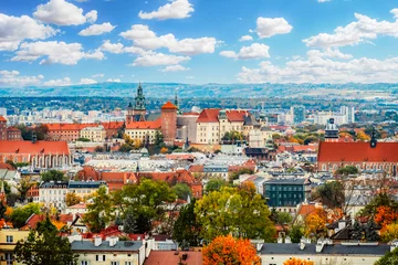 Deurstickers Wawel castle and panoramic view of the city Krakow Poland. Landscape on coast river Wisla © alexanderuhrin
