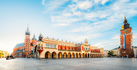 Main Market Square in Krakow, Rynek Głowny, famous landmark in Krakow Poland. - obrazy, fototapety, plakaty