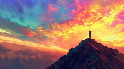 Man standing on top of a mountain and looking at the sunset. A silhouette of a person standing on a mountaintop, gazing towards a vibrant sunrise. 