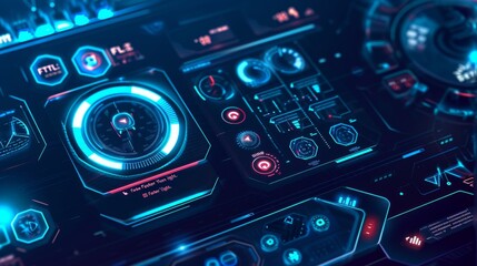 Futuristic HUD interface on dark background. A sleek user interface design for a mobile space game, featuring futuristic buttons, progress bars, and spaceship icons.