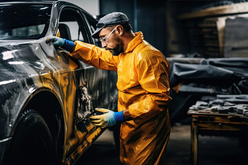 Fototapeta na wymiar Professional car body worker fixing and repairing bus at maintenance service or garage.Professional Man is preparing car for painting.