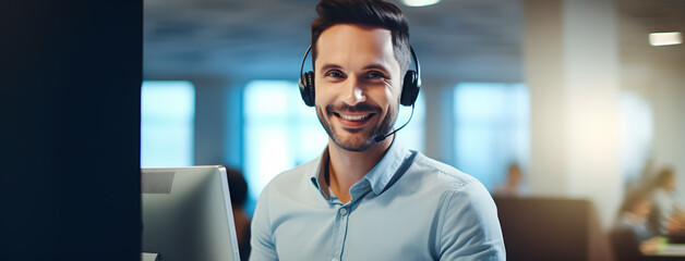 A customer service professional expresses pride in his work, his face adorned with a genuine smile as he handles calls with expertise - obrazy, fototapety, plakaty