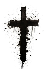 Hand painted black ink cross with brush stroke texture and splatter - obrazy, fototapety, plakaty