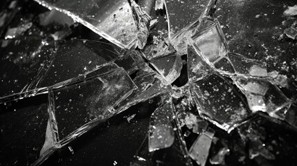 Broken glass on a black background. Black and white photo. A shattered mirror revealing fragments of a crime scene, reflecting the aftermath. Harsh contrasts and gritty details in black and white.
