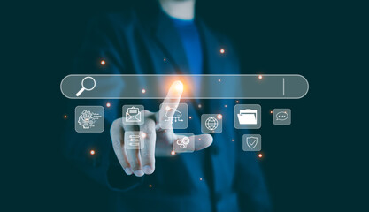 Search with AI assistant, Businessman Search on virtual screen Data Search Technology Search Engine Optimization, Digital, Using web console for data, SEO, Man use computer to search for information.