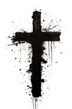 Hand painted black ink cross with brush stroke texture and splatter