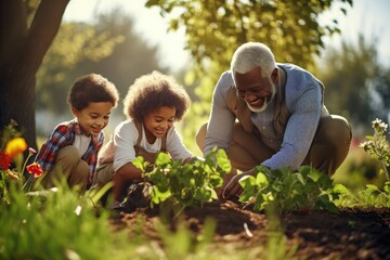 Dark skinned children planting plants with their grandfather in spring in the orchard