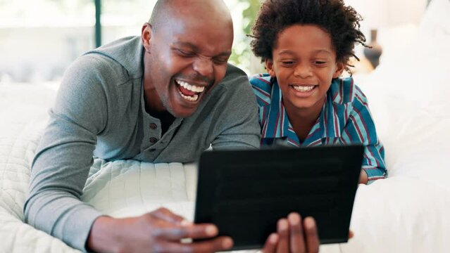 Happy child, bedroom or dad with tablet laughing at a funny movie on online subscription to relax. Excited kid, social media or African father streaming comedy film or video in home with smile or joy