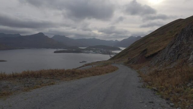 Hiking down Mount Ballyhoo in Unalaska Dutch Harbour, Alaska, USA