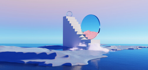 3d Render, Abstract Surreal pastel landscape background with architecture and geometric, beautiful gradient sky scene, lake with clam water, minimal concept.