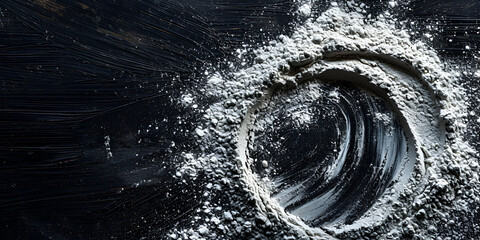 A dynamic flour spiral on a black background, echoing the beginnings of a culinary masterpiece. Copy space