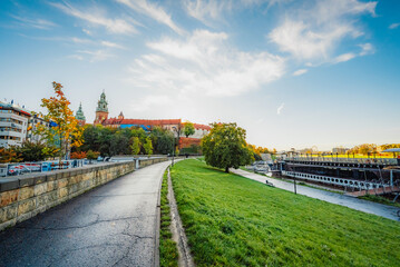 Wawel castle famous landmark in Krakow Poland. Landscape on coast river Wis