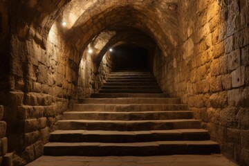 Fototapeta na wymiar Descend the Depths: Stone Stairs in an Underground Tunnel under a Medieval Fortress
