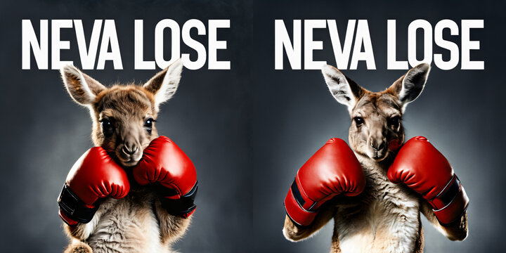 A young kangaroo, wearing boxing gloves, transforms into an adult kangaroo, embodying the belief of the text "NEVA LOSE" on a gray background
