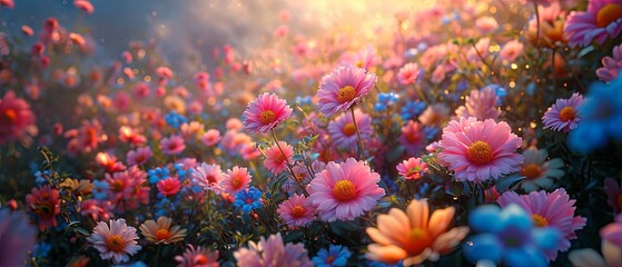 Fototapeta na wymiar A field of flowers at dawn