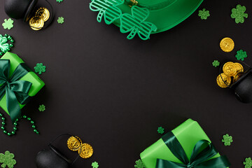 Irish charm unwrapped: Celebrate St. Paddy's with presents. Top view shot of gift boxes, leprechaun...