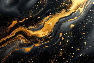 Abstract black and gold liquid with gold paint with a mesmerizing map of the unknown, painted with a lustrous black and gold liquid that flows like water. Great as wallpaper, texture, pattern. - obrazy, fototapety, plakaty