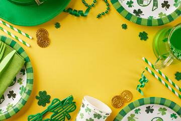 Radiant shamrocks: St. Patrick's Day soiree. Top view photo of leprechaun hat, paper plates,...