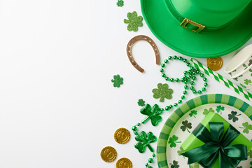 Shamrock soiree: An elegant St. Paddy's affair. Top view of paper plate, cutlery, cups, straws,...
