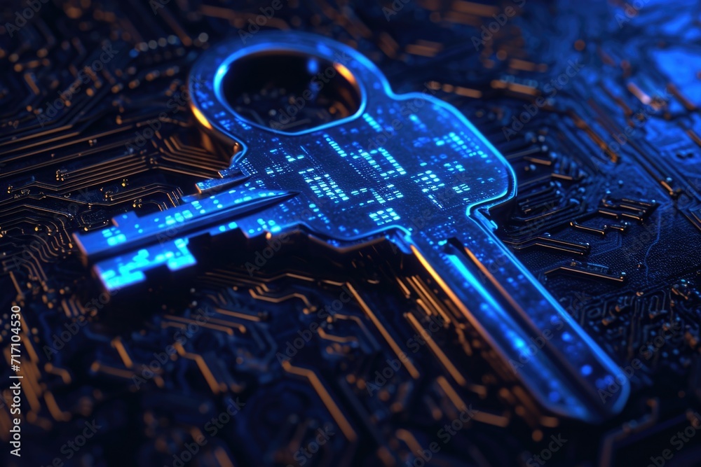 Fototapete a detailed close-up view of a key on a circuit board. this image can be used to illustrate technolog