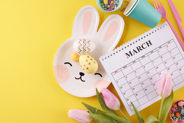 Joyful celebration awaits: easter anticipation countdown. Top view photo of calendar, bunny shaped...
