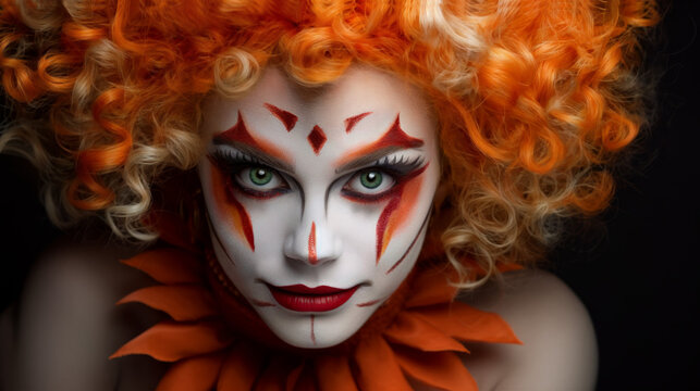 Close up of a beautiful female clown with orange hair and clown makeup.