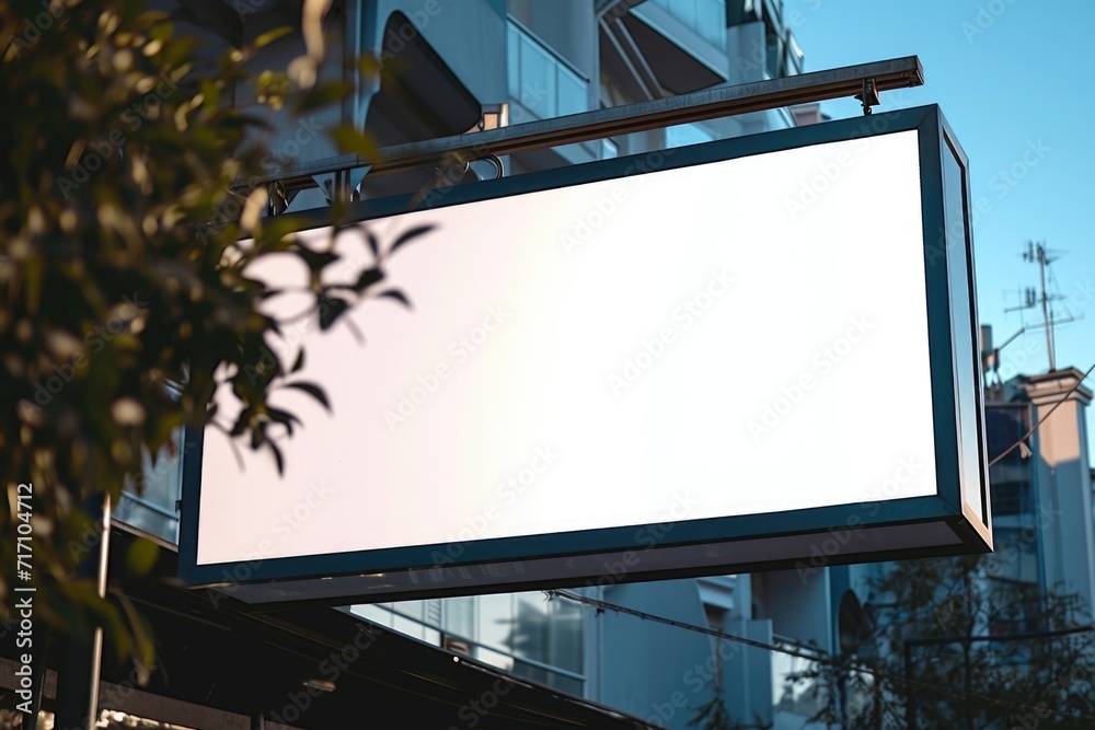 Aufkleber a large white sign hanging from the side of a building. this image can be used for advertising or as