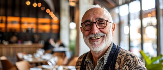 A joyful senior man sitting at a restaurant table, sporting glasses and a beard, radiating warmth as he smiles for the camera while surrounded by stylish furniture and tableware