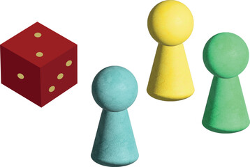 A dice and three pieces for movement. Board game kit. Illustration dice and three chips - obrazy, fototapety, plakaty