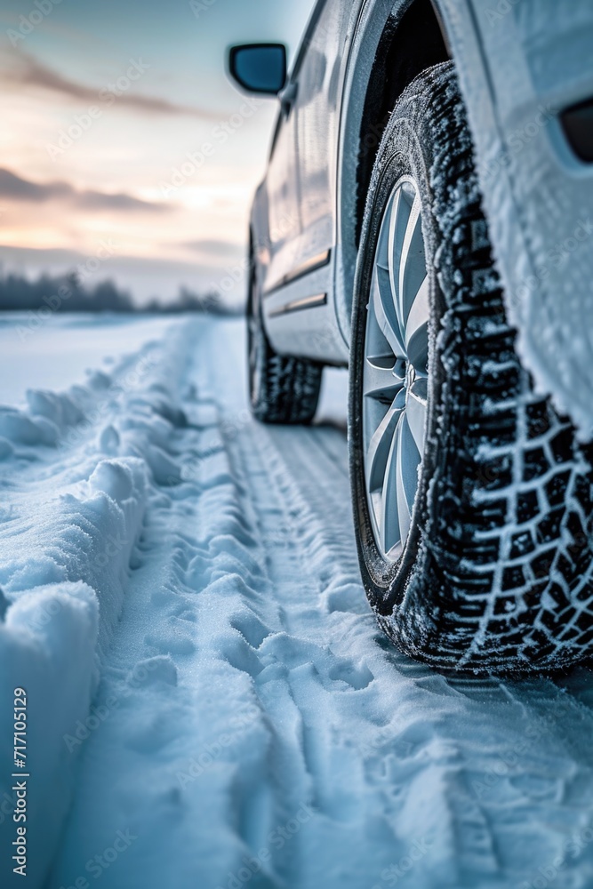 Poster a detailed close-up view of a tire on a snowy road. this image can be used to depict winter driving 