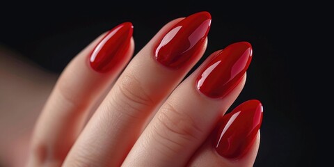 A close-up view of a person's hand with vibrant red nails. Ideal for beauty and fashion-related projects