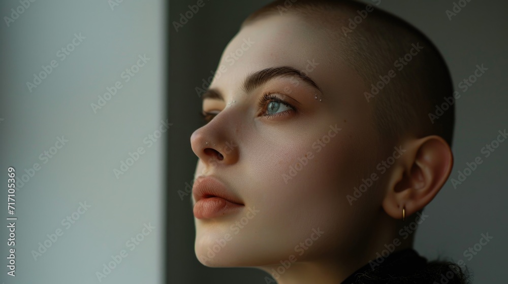 Poster a woman with a shaved head looking out a window. suitable for various concepts and themes