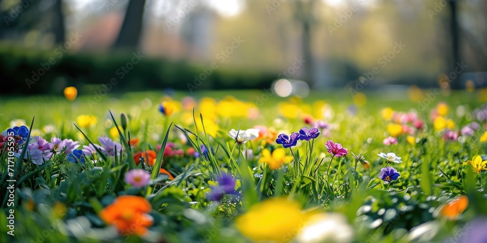 Poster a vibrant field filled with a variety of colorful flowers, with tall trees in the background. perfec