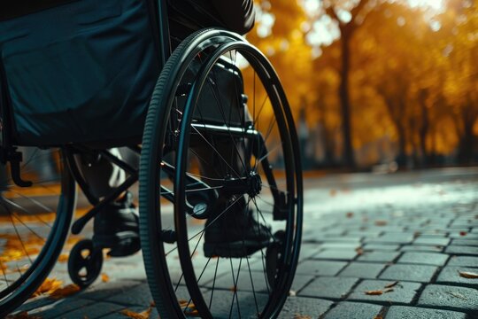A person in a wheelchair is seen on a sidewalk. This image can be used to represent accessibility, inclusivity, disability, or mobility