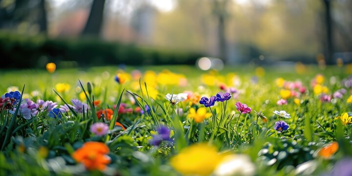 A vibrant field filled with a variety of colorful flowers, with tall trees in the background. Perfect for nature enthusiasts and garden lovers.