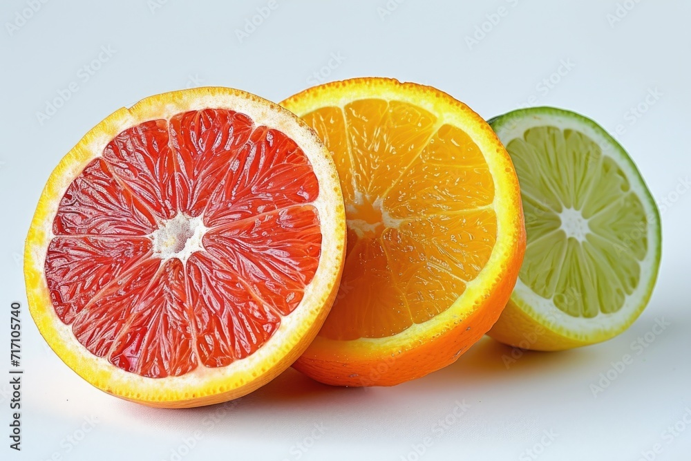 Poster fresh and vibrant group of oranges and limes arranged neatly on a clean white surface. perfect for f