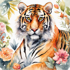 This is a vibrant watercolor painting of a tiger's face, showcasing intense and captivating details. The tiger has striking yellow-green eyes that are full of intensity
