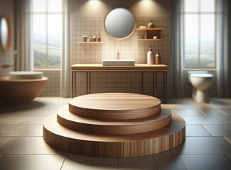 round wooden podium for product display, set against a blurred bathroom background