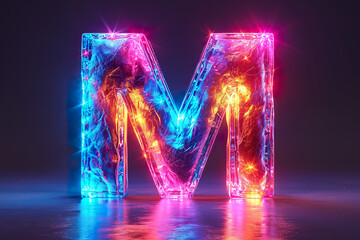 Letter M - colorful glowing outline alphabet symbol on blue lens flare dark background - obrazy, fototapety, plakaty