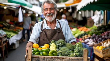Cheerful Street Vendor Amidst Fresh Organic Bounty