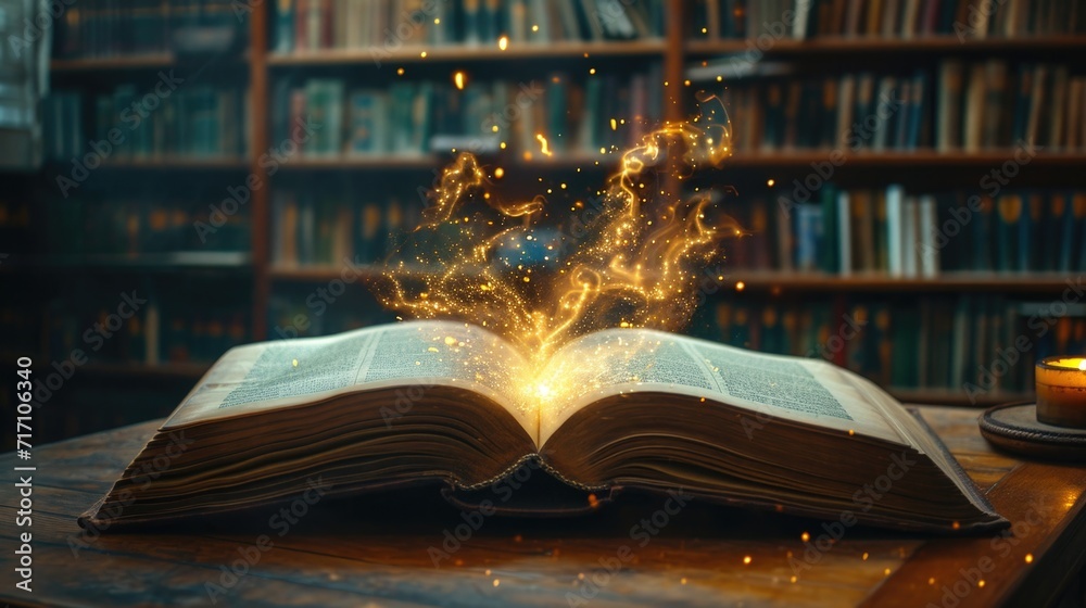 Poster An open book with a lit candle sitting on a table. Perfect for adding a cozy and warm touch to any creative project